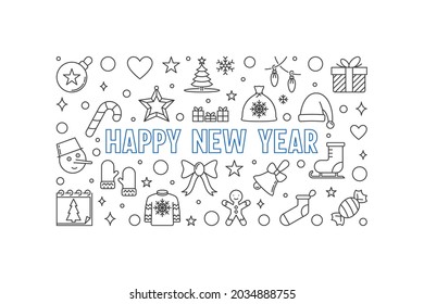 Happy New Year vector linear minimal illustration - Holiday concept outline horizontal banner