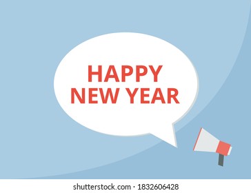 Feliz año nuevo vector. Icono de megáfono. Ilustración plana sobre fondo azul claro.