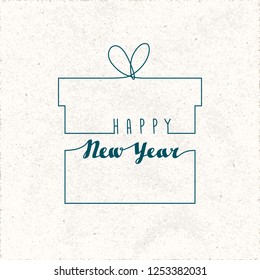 Happy New Year Vector Mixed Calligraphy Style Logo and Outlined Gift Box Shape Created by Single Line with Lettering - Turquoise on Rough Paper Background - Hand Drawn Calligraphy Design