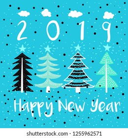 Happy New Year Vector Modern Illustration. Four Pine Trees with Stars and Snow Flakes Childish Picture in Cartoon Style. 2019 Year Greetings