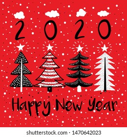 Happy New Year Vector Modern Illustration. Four Pine Trees with Stars and Snow Flakes Childish Picture in Cartoon Style. 2020 Year Greetings