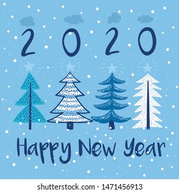 Happy New Year Vector Modern Illustration. Four Pine Trees with Stars and Snow Flakes Childish Picture in Cartoon Style. 2020 Year Greetings