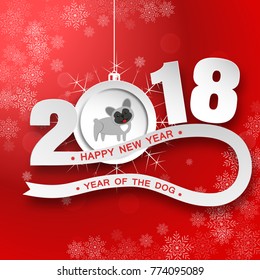Happy New Year vector paper art with numbers, stripe and hanging christmas ball with dog on the red gradient background with snowflakes pattern.