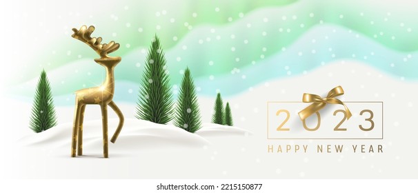 Happy new year vector postcard, banner. Golden deer in christmas background. Template greeting card