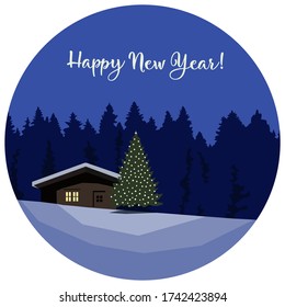 Happy New Year vector poster with little cabin and christmas tree on background of dark blue forest.