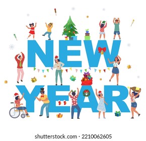 Happy new year vector poster. Excited cheerful people wearing santa hat having fun celebrating traditional winter holiday. Different tiny adults, disabled person and children over letters design