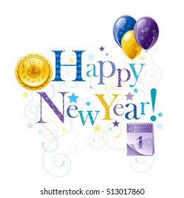 Happy new year vector poster with clock, january 1 calendar, balloons. Abstract holiday design template. Vintage symbols, swirls pattern, text lettering banner. Isolated on white background