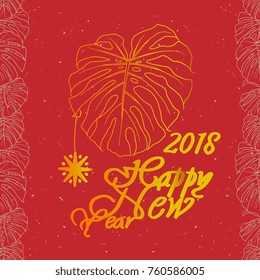 "Happy new year" vector poster with tropical plant. Abstract background