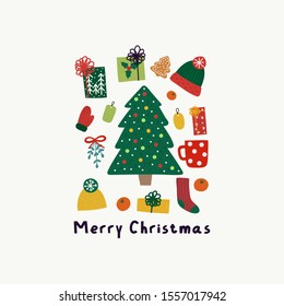 Happy New Year vector print. Warm knitted hat, scarf and mittens, decorated tree, hot chocolate. 
