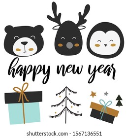 Happy New Year vector print with cute animals, bear, penguin and deer. 
