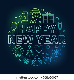 Happy New Year vector round colorful illustration in thin line style on dark background