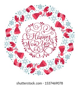 Happy New Year vector scandinavian calligraphic vintage text. Winter Christmas Wreath with xmas phrase. Greeting card template with vintage style elements Doodle Illustration