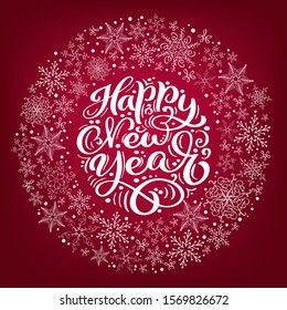 Happy New Year vector scandinavian calligraphic vintage text. Christmas Winter Wreath with snowflakes on red background. Greeting card element Illustration