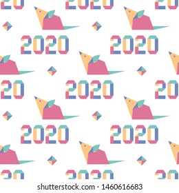 Happy new year. Vector seamless pattern with origami 2020 year numbers and rat. Rat zodiac sign, symbol of 2020 on the Chinese calendar. Year of the rat. Chinese horoscope.