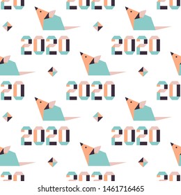 Happy new year. Vector seamless pattern with origami 2020 year numbers and rat. Rat zodiac sign, symbol of 2020 on the Chinese calendar. Year of the rat. Chinese horoscope.