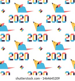 Happy new year. Vector seamless pattern with origami 2020 year numbers and rat. Rat zodiac sign, symbol of 2020 on the Chinese calendar. Year of the rat. Chinese horoscope.