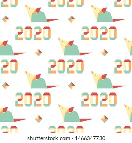 Happy new year. Vector seamless pattern with origami 2020 year numbers and rat. Rat zodiac sign, symbol of 2020 on the Chinese calendar. Year of the rat. Chinese horoscope.