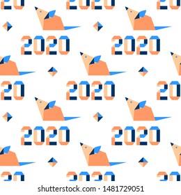 Happy new year. Vector seamless pattern with origami 2020 year numbers and rat. Rat zodiac sign, symbol of 2020 on the Chinese calendar. Year of the rat. Chinese horoscope.