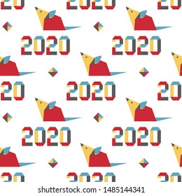 Happy new year. Vector seamless pattern with origami 2020 year numbers and rat. Rat zodiac sign, symbol of 2020 on the Chinese calendar. Year of the rat. Chinese horoscope.