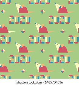 Happy new year. Vector seamless pattern with origami 2020 year numbers and rat. Rat zodiac sign, symbol of 2020 on the Chinese calendar. Year of the rat. Chinese horoscope.