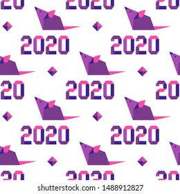 Happy new year. Vector seamless pattern with origami 2020 year numbers and rat. Rat zodiac sign, symbol of 2020 on the Chinese calendar. Year of the rat. Chinese horoscope.