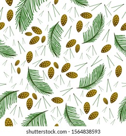 Happy new year vector seamless pattern. Stock christmas illustration with pine branches and brown cones. White background.