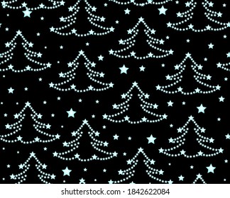 Feliz Año Nuevo patrón sin fisuras con árboles y estrellas navideñas. Textura decorativa interminable