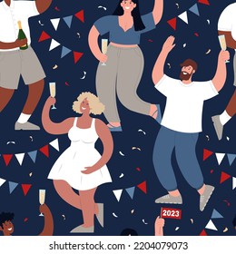 Happy New Year vector seamless pattern. Different people drink champagne and dance. Modern flat illustration.