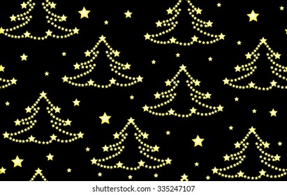 Happy New Year vector seamless pattern with Christmas trees and stars. Endless decorative texture