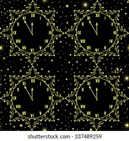 Happy New Year vector seamless pattern with golden clock showing five minutes to midnight