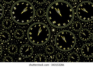Happy New Year vector seamless pattern with golden clock showing five minutes to midnight