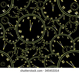 Happy New Year vector seamless pattern with many big and small golden clock showing five minutes to midnight. Happy New Year vector endless texture