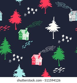 Happy New Year. Vector seamless pattern. Hand drawn illustration winter landscape with firs and houses.