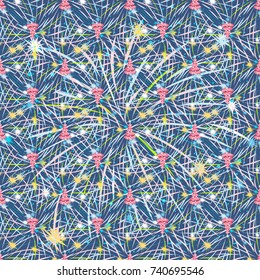 Happy New Year Vector Seamless Pattern. Fireworks background. Blue wallpaper.