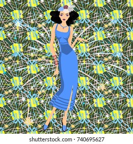 Happy New Year Vector Seamless Pattern. Fashion background. Girl wallpaper.