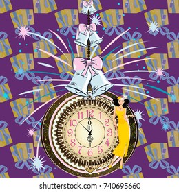 Happy New Year Vector Seamless Pattern. Fireworks background. Girl in yellow dress with clock wallpaper.