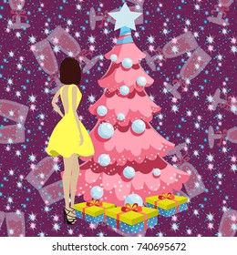 Happy New Year Vector Seamless Pattern. Fashion girl in yellow dress background. Xmas wallpaper.