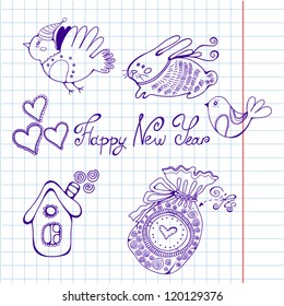 Happy New Year vector set with a gifts, a small bunny, little bird and sweet home.