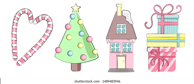 Happy New Year vector set with a Christmas tree, sweets, gingerbread house, gifts.