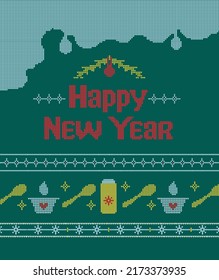 Happy New Year Vector Sign Illustration with Knitted Pattern for Ugly Christmas Sweater, Festive Milk, Spoon, Yogurt and Snowflake Ornament