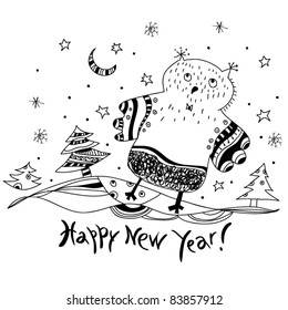 Happy New Year! vector sketch of the owl and the snowflakes in a cartoon style