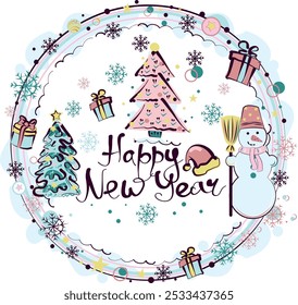 Happy new year vector template. Circle frame for gift cards, Christmas decoration.