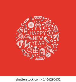 Happy New Year vector text and symbols. Winter holidays illustration. Greeting card with new year and christmas party icons.