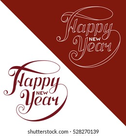 Happy New Year vector text. Two letterings. One lettering transparent, consisting only of the contour, second with red fill inside the contour. Isolated background.