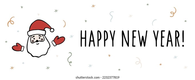 Frohes Neujahr Vektor Web-Banner mit handgezeichnet Weihnachtsmann und festlichen Elementen. Weihnachtshintergrund für Feiertagsmuster, Plakate, Karten, Kopfzeilen oder Banner. Horizontale Neujahr-Vektorgrafik