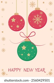 Happy new year vertical background with red and green christmas balls. Vector illustration, banner, social media post, card.