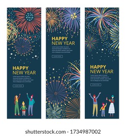 Happy new year - vertical banner template set with fireworks in night sky and cartoon people looking up in celebration. Families at festive event - vector illustration.