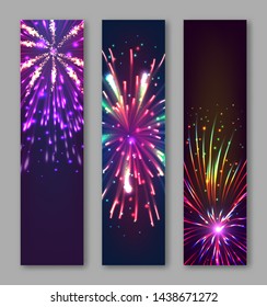 Happy new year vertical flyers with bursting fireworks series. Festive template with copyspace. Realistic dazzling display of fireworks on dark background vector illustration. Holiday festival show