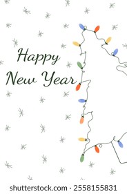 Happy New Year vertical poster with christmas tree, garland lights and snowflakes.