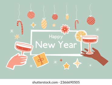 Happy New Year vintage card with collage of hands holding cocktails, cut out stars and decoration. Candy cane, ball, gift box, greeting text, champagne glass, Christmas card. Vector illustration.